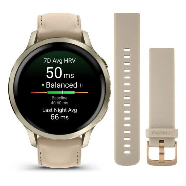 Умные часы Garmin Venu 4 41 мм Лунное золото / Костяные / Светло-песочный кожаный ремешок 010-03013-