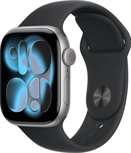 Apple Watch Series 11 42мм Серый космос, спортивный ремешок Band черного цвета 