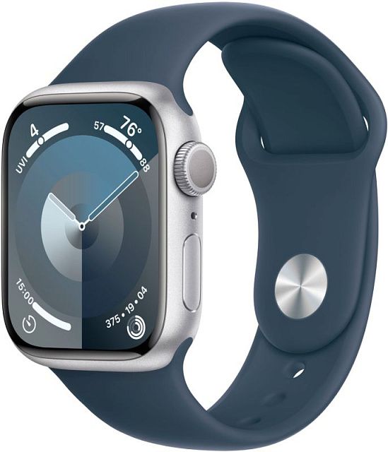 Apple Watch Series 9 45 мм Серебристый, спортивный ремешок Band цвета «грозовой синий»