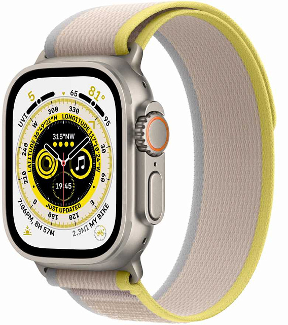 Apple Watch Ultra 49 мм, корпус из титана, ремешок Trail (M/L) желтого/бежевого цвета