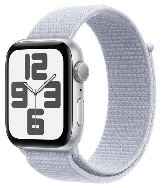 Apple Watch SE 2024 44 мм Серебристый, спортивный ремешок Loop дымчато-голубого цвета 