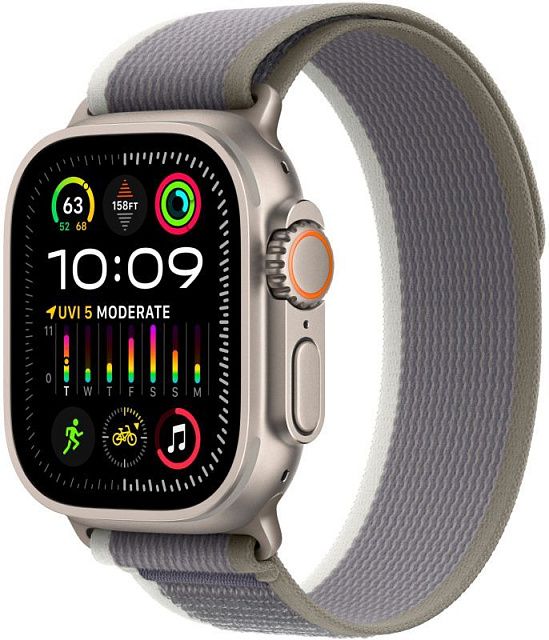 Apple Watch Ultra 2 49 мм, корпус из титана, ремешок Trail (S/M) зеленого/серого цвета