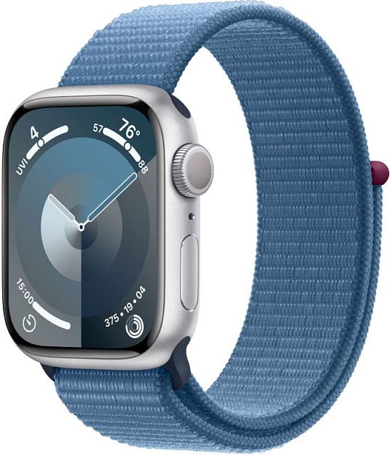 Apple Watch Series 9 41 мм Серебристый, спортивный ремешок Loop цвета «грозовой синий»