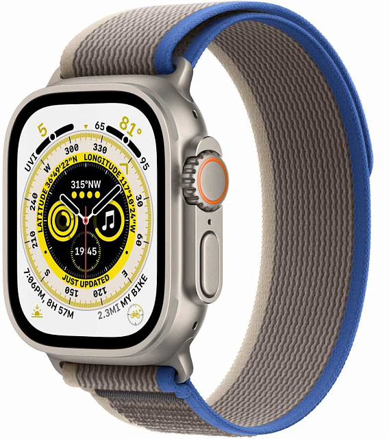 Apple Watch Ultra 49 мм, корпус из титана, ремешок Trail (M/L) синего/серого цвета