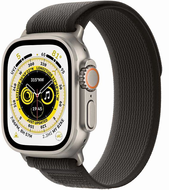 Apple Watch Ultra 49 мм, корпус из титана, ремешок Trail (S/M) черного/серого цвета
