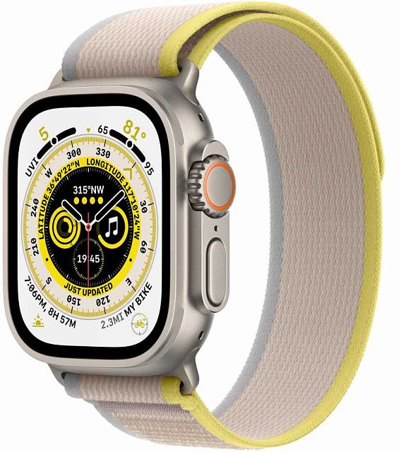 Apple Watch Ultra 49 мм, корпус из титана, ремешок Trail (S/M) желтого/бежевого цвета