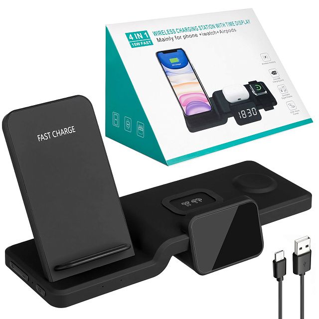 Беспроводная зарядная станция с часами 4-in-1 Wirreless Charging Station (Черная)